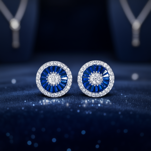 Orecchini a perno classici con fiore, zaffiro e diamanti taglio brillante rotondo per donna, gioielli da festa in lega - Product Image 2