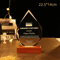 Trophée en verre cristal personnalisé avec gravure laser et base en bois LED, vente en gros par l'usine Honor