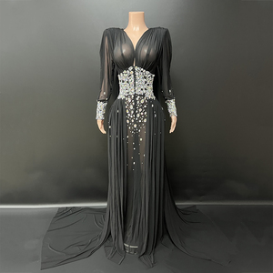 Abito da Sera Nero Elegante con <span class=keywords><strong>Maniche</strong></span> <span class=keywords><strong>Lunghe</strong></span>, Scollo a V Sexy, <span class=keywords><strong>Vestito</strong></span> da Cerimonia di Lusso con Diamanti - Product Image 2