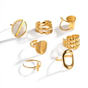 Set cincin geometris wanita, berlapis emas 18K perhiasan Fashion Retro gaya Oval berbentuk salib untuk wanita