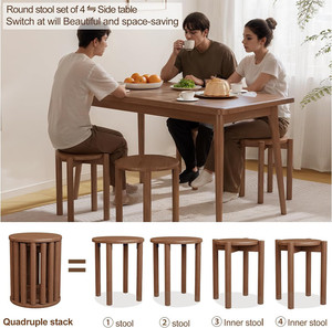 Tabourets ronds multifonctionnels en <span class=keywords><strong>bois</strong></span> antidérapants Lot <span class=keywords><strong>de</strong></span> 4 tabourets empilables en <span class=keywords><strong>bois</strong></span> pour la cuisine, la chambre à coucher et le salon - Product Image 6