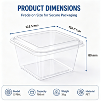 Boîtes carrées en PET transparentes, jetables, recyclables, de qualité alimentaire, épaisseur 0,78 mm, avec couvercles, logo personnalisé pour gâteaux, sushis, etc.