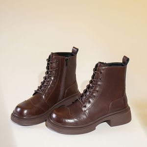 Martin Boot Ankle <b>Round</b> <b>Toe</b> Chunky <b>Heel</b> 3CM-5CM Height Increasing Lace Up Solid Pu Lining M79156 - Product Image 1