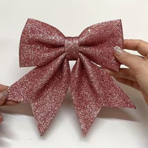 Nœud de Noël en polyester rose pailleté or rose, fait main, avec ruban métallique scintillant, pour sommet d'arbre, couronne, guirlande et ornements - Product Image 3