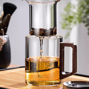 Taza de té de vidrio transparente con tapa y asa de madera para preparar té, uso en oficina - Product Image 2