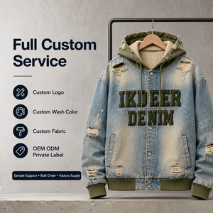 IKDEER Sudadera con Capucha de Mezclilla para Hombre, Estilo Vintage Y2K, con Bloques de Color Desgastados, Efecto Descolorido por el Sol, <span class=keywords><strong>2</strong></span> en 1, con Letras, 500 GSM, con Botones, Personalizada OEM - Product Image 5