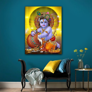 Venta al por mayor Makhan Chor Krishna impreso lienzo pintura hinduismo hogar pared decoraciones arte para sala de estar - Product Image 3