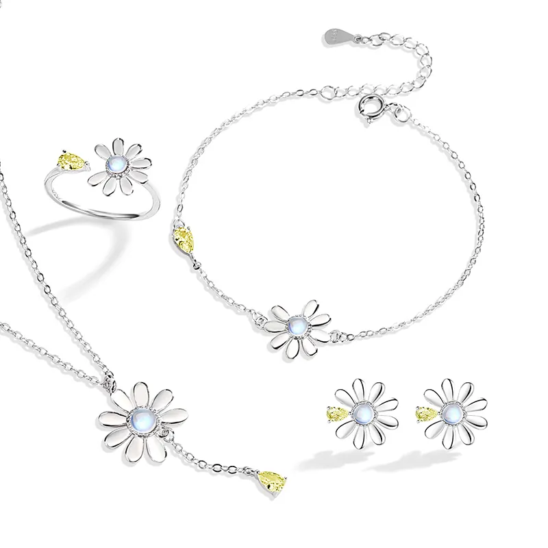 Little Daisy Sterling Silver 925 Kalung Set Wanita Niche Desain Cahaya Mewah Bunga Matahari Gelang Ins Cincin Batu Mengkilap