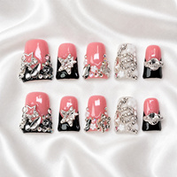Ongles Press-on Faits Main Rose Canard Noir French Manucure Étoile 3D Strass Perle 10 Pièces Couverture Complète