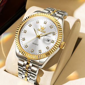 Montre à quartz chinoise avec mouvement à quartz, diamant, aiguille de date, style professionnel, 3 aiguilles, dorée, pour homme, bracelet en acier inoxydable - Product Image 5