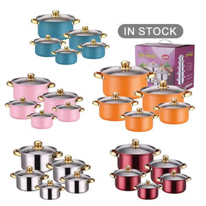 En stock: Juego de 10 ollas y sartenes de acero inoxidable con asas doradas, ollas para sopa, ollas para cocinar, cacerolas para leche, juego de utensilios de cocina. - Product Image 1