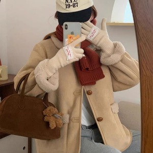 Women's Korean Style Suede Fleece Coat Khaki Loose Fit Warm Autumn Winter Outerwear - Product Image 1