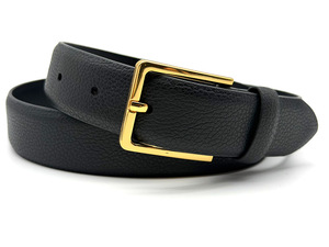 Ceinture classique en PU noir grainé avec boucle carrée en métal doré, design luxueux noir et or - Product Image 1