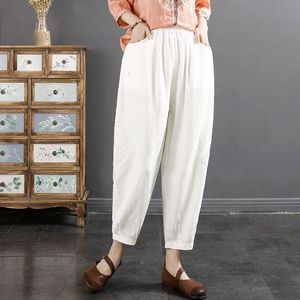 Cotton Linen Lantern Pants With Embroidered Pocket Loose Casual Summer Women's Cropped Pants Natural Hemp Khaki - Product Image 3