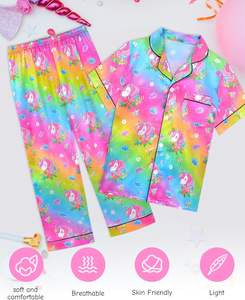 طقم بيجامات للفتيات حريري قوس قزح يونيكورن ملابس نوم قصيرة الأكمام بنطال طويل جامي للأطفال الصغار - Product Image 4