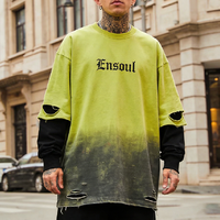 T-shirts à manches longues pour hommes, style graffiti double couche, effet vieilli, streetwear premium, 100% coton, collection Printemps US