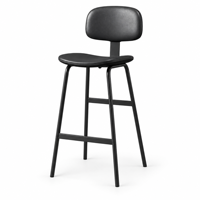 Tabouret de bar moderne avec dossier rembourré, structure en métal noir et repose-pieds pour îlot de cuisine, restaurant, café, hôtel.