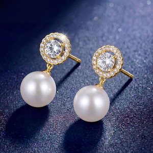 S925 <b>Silver</b> Gold Plated Round CZ Halo Freshwater Pearl Drop Earrings Elegant Jewelry Gift for Women Brides - Product Image 3