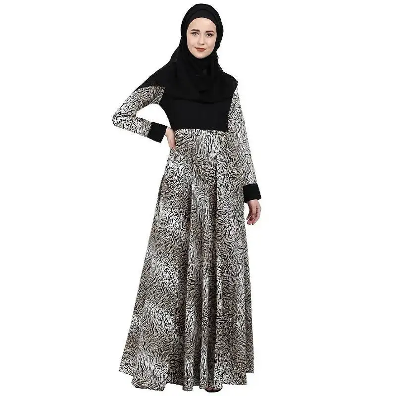 Pakaian Islami Wanita Musim Baru Abaya Kaftan Leher Tinggi Lengan Panjang Motif Hewan Gaun Satin Berwarna Ganda