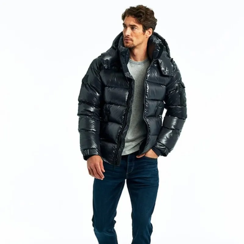 Black custom Logo brand hooded plus size nylon coat glossy shiny down puffer bubble jacket men