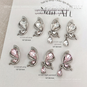 Breloques d'ongles 3D en alliage, motif aile de papillon rose, pendentifs gauche et droit avec grande décoration en strass - Product Image 2