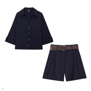 Ensemble de vêtements d'été tendance <span class=keywords><strong>pour</strong></span> femmes J2226, style boutique, sexy, streetwear, chemise à manches courtes et short avec ceinture, ensemble 2 pièces <span class=keywords><strong>pour</strong></span> femmes - Product Image 3