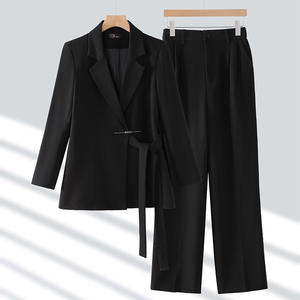 Conjunto Profesional de Primavera/Otoño para Mujer, Color Liso, Mangas Largas y Cortas, Blusa con Botones, Pantalón de Pierna Ancha - Product Image 1