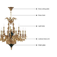 Plafonnier en laiton Antique style français, Chandelier décoratif, en verre vert, idéal pour un mariage