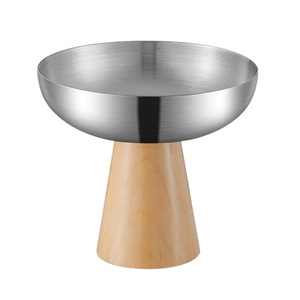 Bol à fruits en acier inoxydable avec base en bois, plat de service pour desserts, gâteaux, glaces, salades, style nordique moderne - Product Image 2