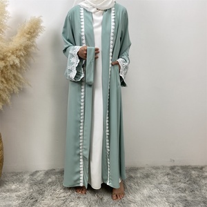 1405#B Latest Eid Nida Material Flower Lace Border Classy Simplicity White Embroidery Women Open Abaya Have Pockets - Product Image 3