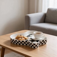 Plateau de rangement en céramique irrégulier à motif damier noir et blanc, forme ondulée, pour service décoratif, collations et hôtels, vente en gros, faible MOQ