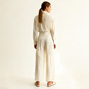 Completo da donna due pezzi, <span class=keywords><strong>camicia</strong></span> a maniche lunghe, <span class=keywords><strong>pantaloni</strong></span> a vita alta a gamba larga, elegante completo bianco, moda estiva casual, set coordinato da donna - Product Image 3