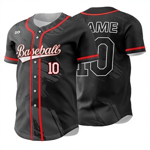 Maillot de baseball personnalisé sublimé pour homme, noir avec bordure rouge, 100 % polyester anti-humidité, manches courtes, boutons sur le devant, uniforme d'équipe - Product Image 1