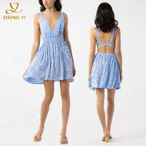2024 Trend Summer Sun Short Skirt Custom Womens Print Lace V Neck Backless Sleeveless Backless Beach Sexy Mini Casual Dresses