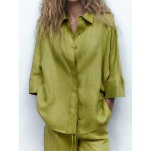 Eco Friendly <span class=keywords><strong>misto</strong></span> <span class=keywords><strong>lino</strong></span> 2 pezzi primavera estate camicia a maniche lunghe <span class=keywords><strong>pantaloni</strong></span> larghi dritti da donna abiti Casual pigiami da salotto - Product Image 4