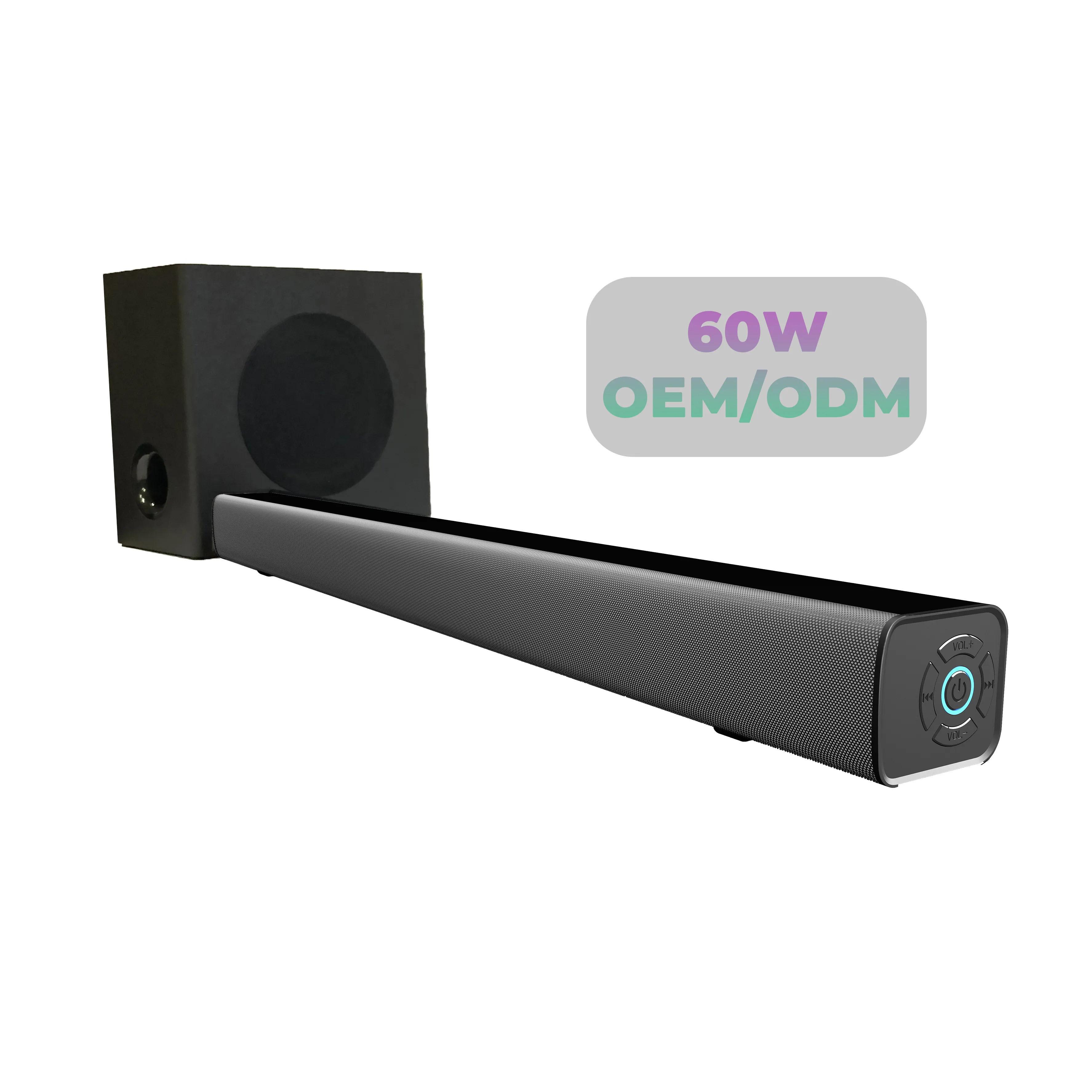 Hot Selling Soundbar Met Subwoofer 60W 2.1 Led Bluetooth Draadloze Soundbar Speaker 3d Surround Home Theatre Systeem Voor Tv Pc