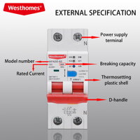 Dispositif de détection de court-circuit Westhomes WAFDD-63 1P+N AC240V 6-63A 30mA, disjoncteur miniature pour la protection des circuits électriques