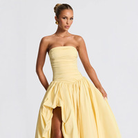 Robe longue élégante pour femme, sexy, sans manches, dos nu, ajustée, bustier, avec fente haute, drapée à la taille, unie, pour soirée et banquet