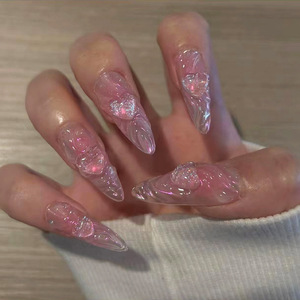 Faux ongles à presser mi-faits à la main, rose cerise, motif Sweet Dream Love, forme carrée et stiletto, design papillon, application facile, vente en gros à bas prix - Product Image 1