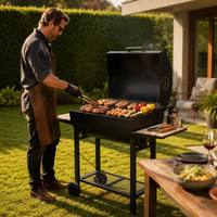 Barbecue au charbon de bois robuste OEM, style américain, type fumoir baril, avec thermomètre et étagères en bois, pour jardin extérieur