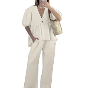 Top a Maniche Corte con Bottoni e Pantaloni con Elastico in Vita, Set Due Pezzi in <span class=keywords><strong>Cotone</strong></span> per <span class=keywords><strong>Donna</strong></span>, Abbigliamento Estivo - Product Image 1