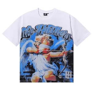 T-shirt respirant 180-250g avec imprimé ange masqué tatoué, lettrage en strass thermocollant, style américain tendance pour les passionnés de vie. - Product Image 4