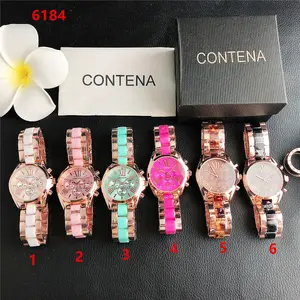 The new watch imitation ceramic macaron alloy watch Geneva three-eye six-pin decorative watch