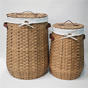 JY 2 Ensembles de Grands Paniers Ronds en Osier pour le Rangement des Vêtements, Panier à Linge en Jacinthe d'Eau et Rotin Tressé avec Couvercle - Product Image 6