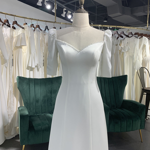 Para Jancember LSSG053 Vestido de novia moderno Satén simple Manga corta Vestido de novia largo formal Capilla Tren Flores Cristales - Product Image 2