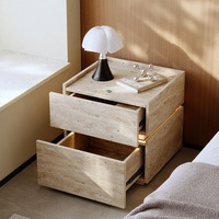 Mesa de Noche de Travertino, Estilo Italiano Retro Moderno Minimalista, Inteligente con Luz, Almacenamiento, Mesa Auxiliar de Madera Maciza para Sala de Estar