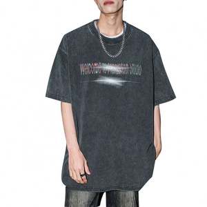 T-shirt décontracté vintage délavé pour hommes surdimensionné 100% coton 280 Gsm motif imprimé strass - Product Image 2