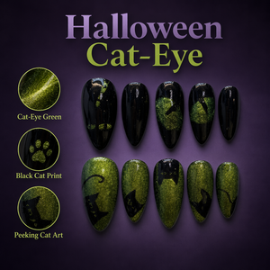 Faux ongles à presser Halloween Amande Vert Noir Couverture Complète Paillettes Motif Patte de Chat Pré-conçus pour Femmes - Product Image 4