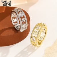 Hohlblumen-geschnitzter, offener breiter Ring, vergoldet/versilbert, mit klarem Zirkonia in Lünettenfassung, Retro-Vintage Damen-Breitring, Großhandel
