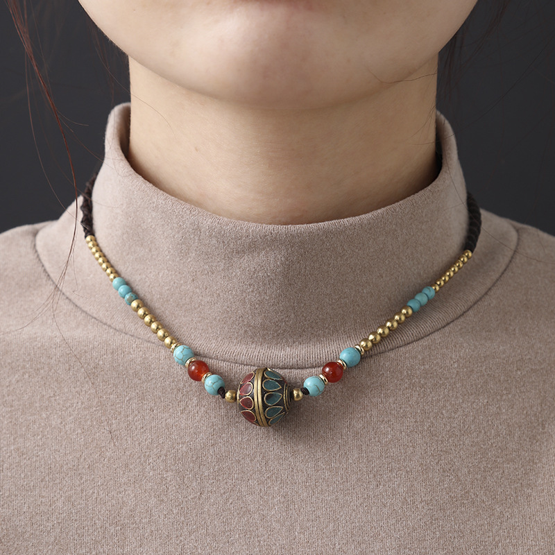 Collier Créateur Style Boho - Perles En Batik De Soie Bleu Turquoise - Longueur 81-90 Cm, Neuf